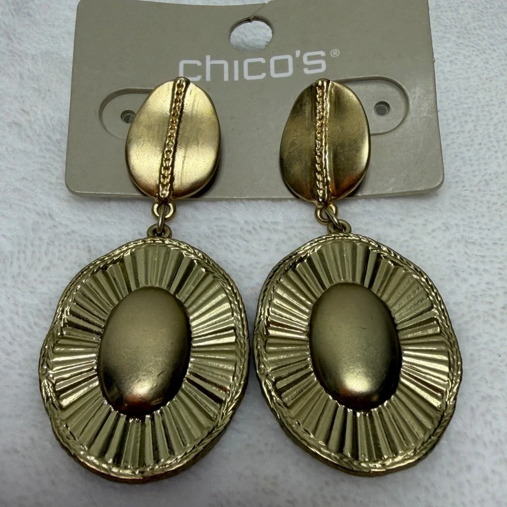 Chico's Matte Gold Tone Oval Sunburst Drop Dangle Statement Earrings Mature NWT‎